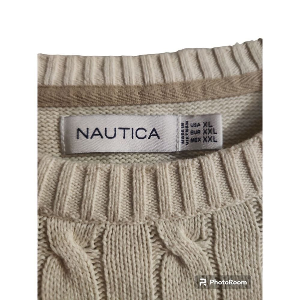 Nautica Mens Cable Knit‎ Pullover Sweater Cream Tan Striped Sz XL Classic Fit